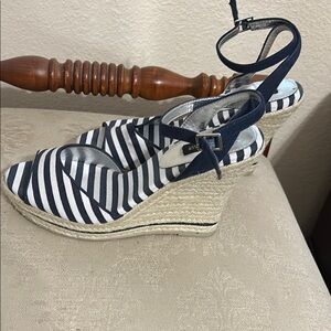 White House Black Market Navy & White Striped Espadrille Wedge Sandals